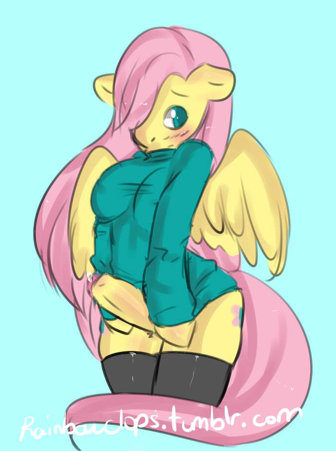 animal_genitalia anthro anthrofied blue_background blush breasts clothing cute cutie_mark dickgirl english_text equine erect_nipples erection fluttershy_(mlp) friendship_is_magic fur hair horse horsecock intersex legwear mammal my_little_pony nipples penis pink_hair plain_background pony precum rainbowclops solo sweater text thigh_highs wings yellow_fur yellow_penis
