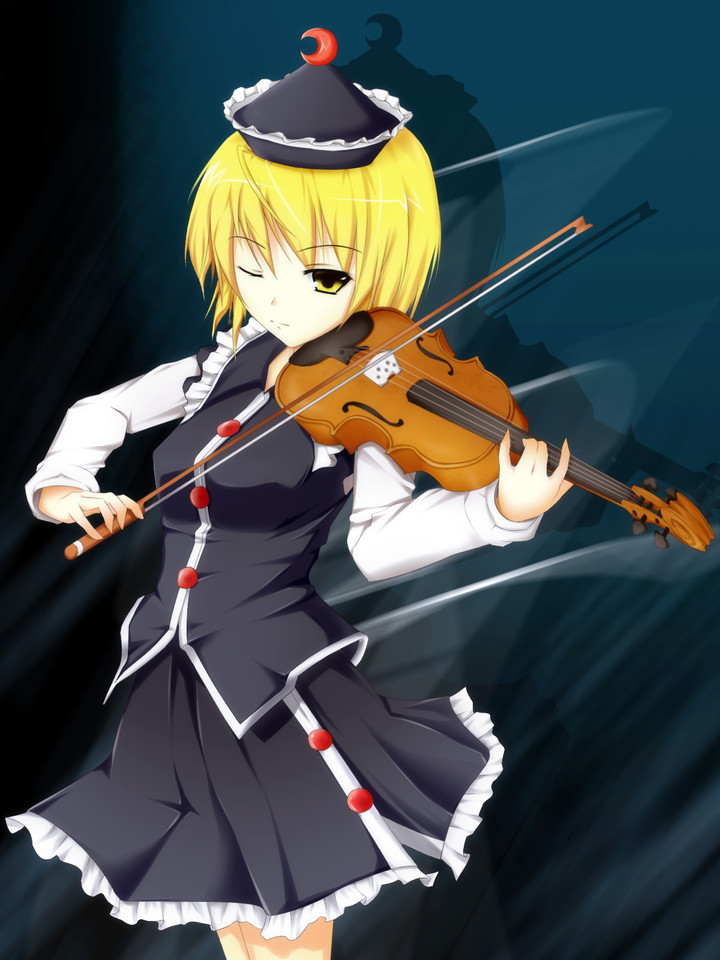 bad_id bad_pixiv_id blonde_hair bow_(instrument) cover-d hat instrument lunasa_prismriver one_eye_closed short_hair solo touhou violin yellow_eyes