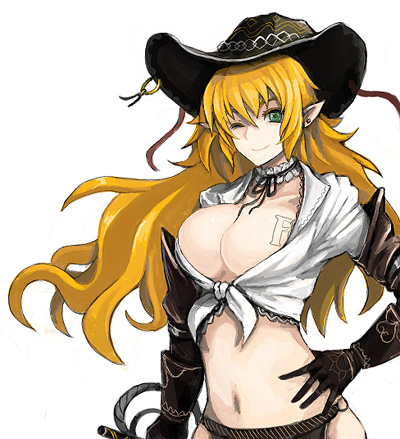 breasts cleavage copyright_request cowboy_hat elf front-tie_top gloves hat kara_(color) large_breasts lowres midriff one_eye_closed pointy_ears shirt solo tied_shirt western