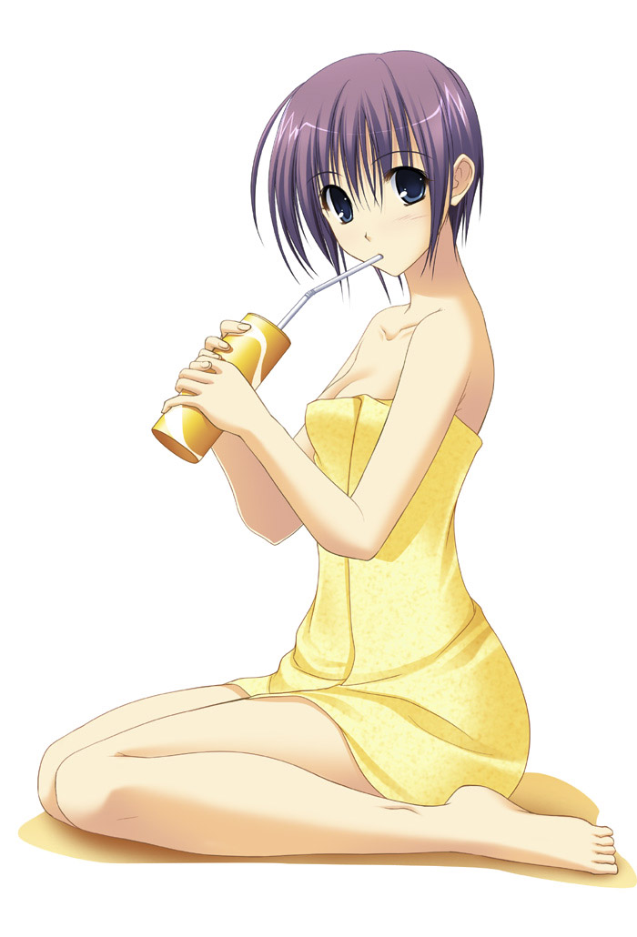 barefoot blue_eyes drink drinking drinking_straw naked_towel original purple_hair short_hair simple_background sipping sitting solo takepon towel wariza