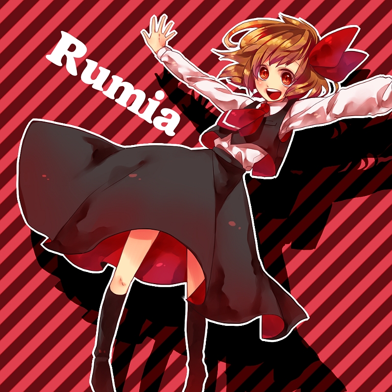 bad_id bad_pixiv_id blonde_hair character_name hair_ribbon outstretched_arms red_eyes ribbon rumia shiratamako short_hair solo spread_arms touhou