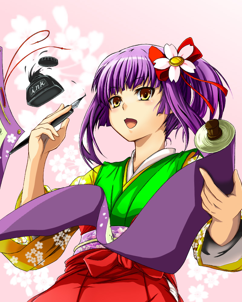 flower hieda_no_akyuu ink japanese_clothes kuro_(jyupiter) purple_hair short_hair solo touhou yellow_eyes