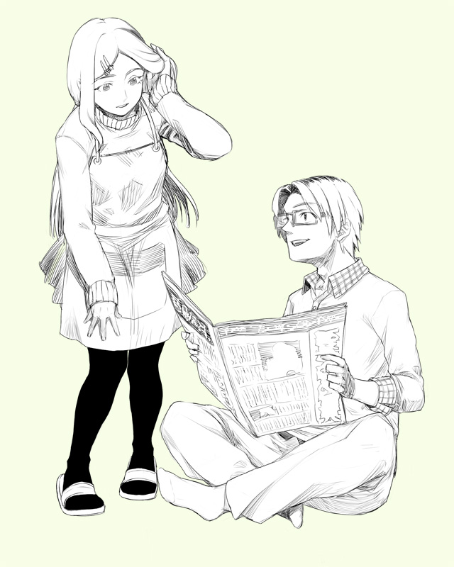 1girl apron black_legwear glasses gradient_hair hair_ornament hairclip hama_(22ji_kara_24ji) long_hair monochrome multicolored_hair newspaper original pantyhose short_hair