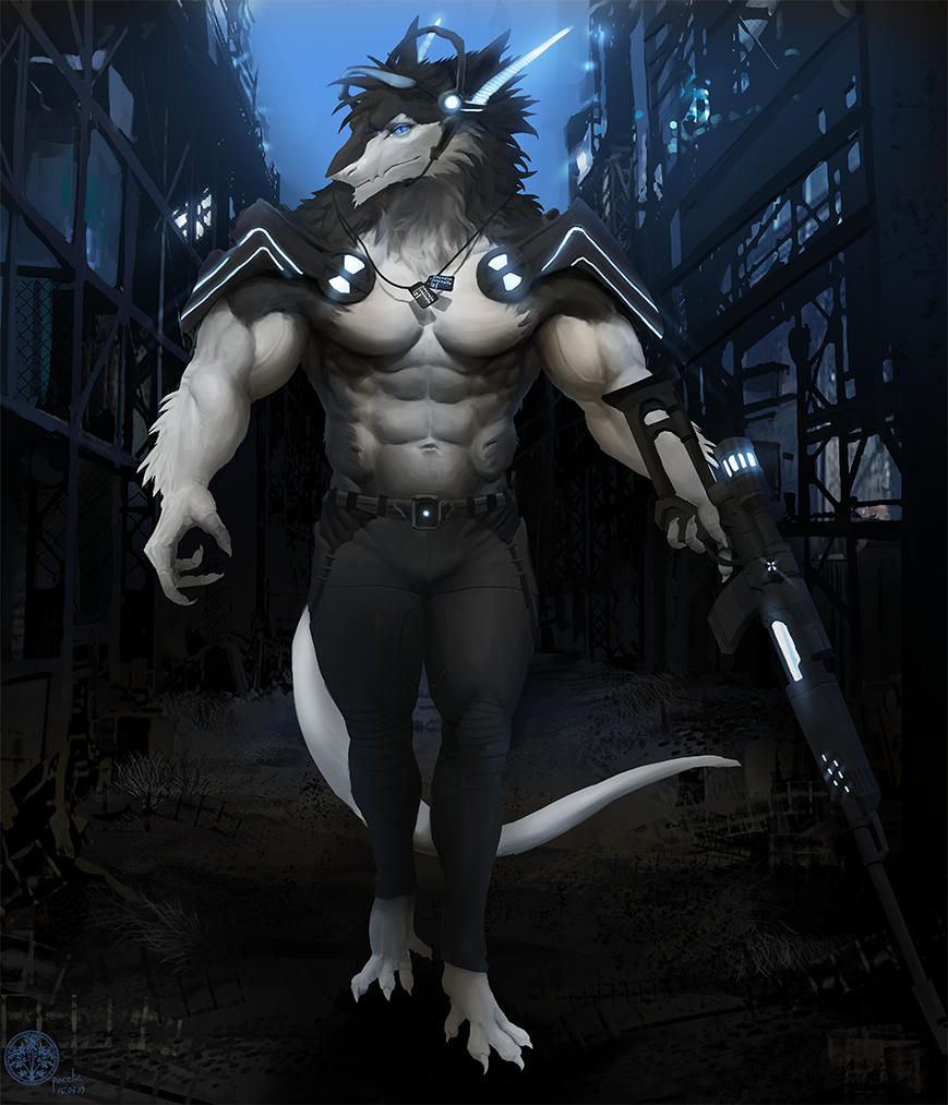 abs anthro biceps black_fur black_hair blue_eyes discordnight fur hair looking_at_viewer male muscles necklace pacelic rifile science_fiction sergal sniper svd