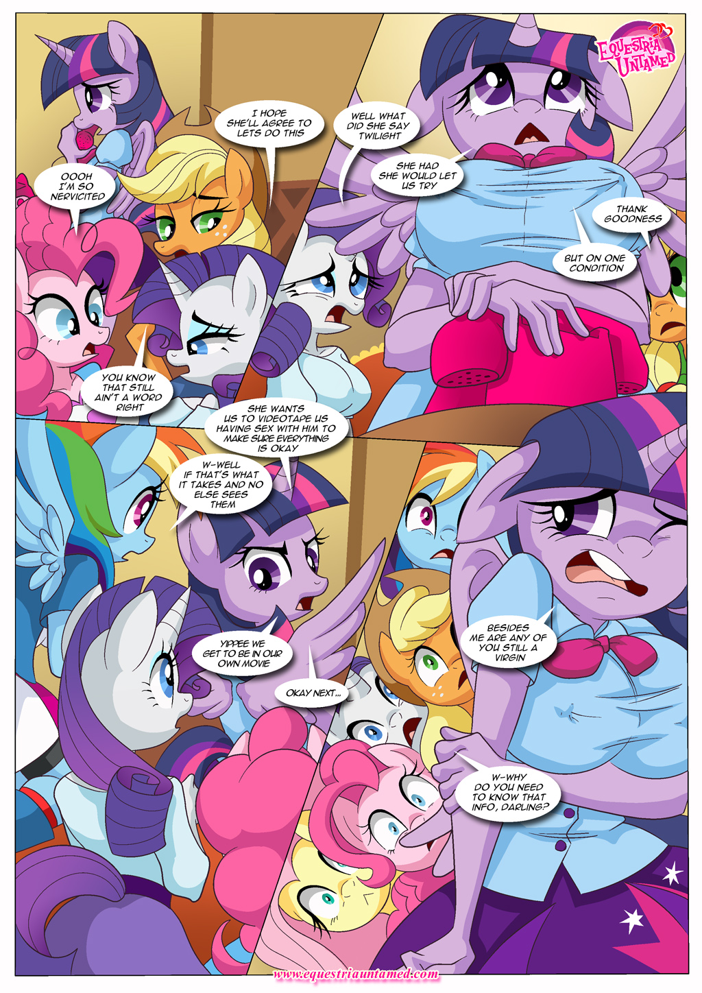 animal_ears anthro anthrofied applejack_(mlp) bbmbbf blonde_hair blue_eyes breasts clothed clothing comic embarrased english_text equine fluttershy_(mlp) friendship_is_magic green_eyes hair horn horse looking_back looking_down looking_up mammal multicolored_hair my_little_pony one_eye_closed open_mouth palcomix pegasus pink_eyes pink_hair pinkie_pie_(mlp) pony purple_eyes purple_hair rainbow_dash_(mlp) rarity_(mlp) skirt text tongue twilight_sparkle_(mlp) under_boob unicorn winged_unicorn wings