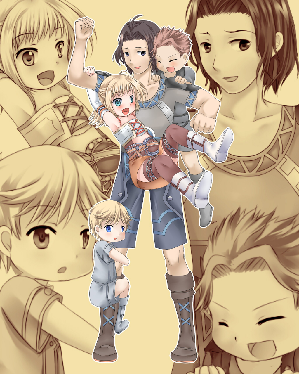 3boys :d ^_^ ^o^ alternate_costume ankle_boots arm_swinging arm_up armlet armpits beige_background black_eyes blonde_hair blue_eyes blush boots brown_footwear brown_hair closed_eyes dunban fiorun full_body green_eyes highres hug leg_hug multiple_boys on_shoulder open_mouth rein_(xenoblade) shoe_soles shulk simple_background smile standing thighhighs v-shaped_eyebrows xenoblade_(series) xenoblade_1 younger zoom_layer