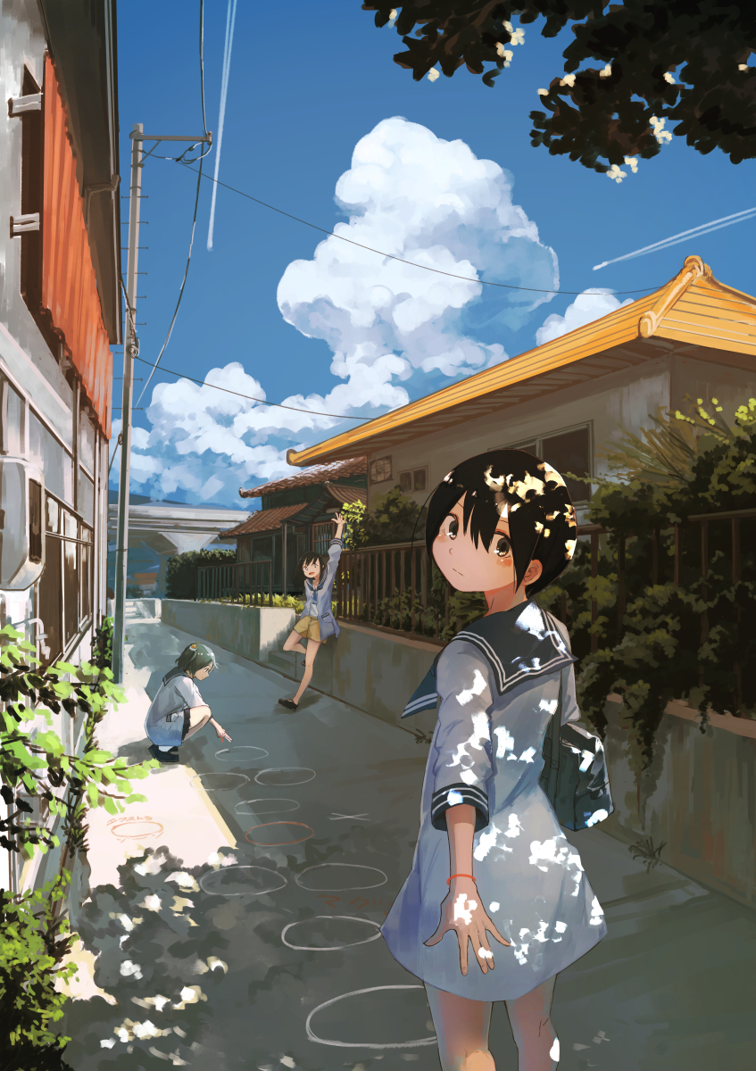 alley architecture bag black_hair blush bush chalk circle cloud commentary condensation_trail day drawing east_asian_architecture highres hopscotch house inami_hatoko light long_hair looking_at_viewer looking_back multiple_girls original overpass plant power_lines railing reaching_out scenery school_bag school_uniform serafuku shadow short_hair shorts skirt sky telephone_pole town translated waving
