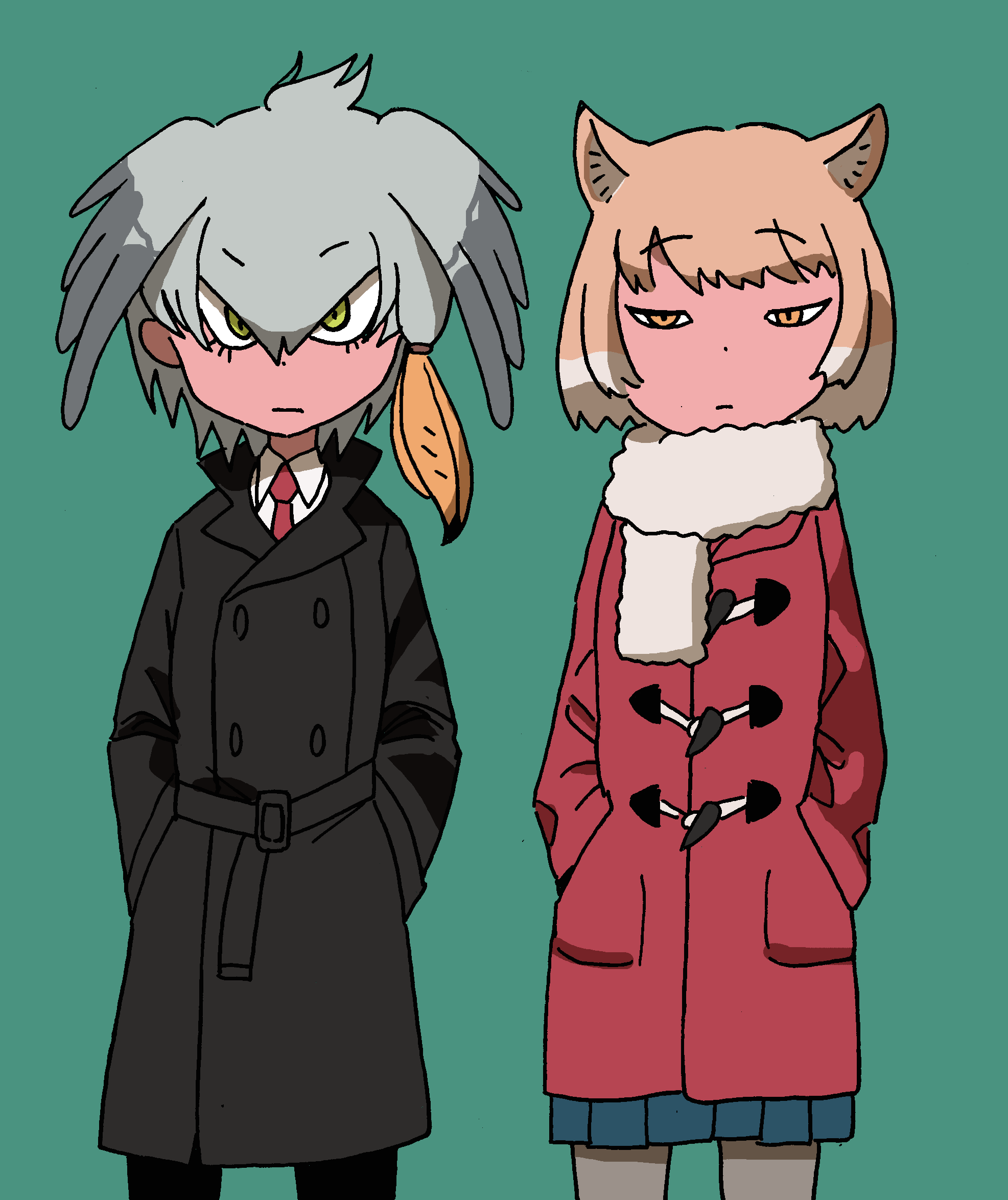 2girls :| alternate_costume animal_ears bangs black_coat black_legwear blue_skirt casual closed_mouth coat collared_shirt commentary_request contemporary cowboy_shot expressionless eyebrows_visible_through_hair fox_ears fur_scarf green_background green_eyes grey_hair grey_legwear hair_between_eyes half-closed_eyes hands_in_pockets head_wings highres kemono_friends light_brown_hair long_hair long_sleeves looking_at_viewer marker_(medium) multicolored_hair multiple_girls necktie orange_eyes orange_hair pantyhose pocket red_coat red_neckwear scarf shirt shoebill_(kemono_friends) short_hair side-by-side simple_background skirt standing swept_bangs tibetan_sand_fox_(kemono_friends) traditional_media trench_coat tsurime two-tone_hair white_hair white_neckwear white_shirt wing_collar wings yoineko