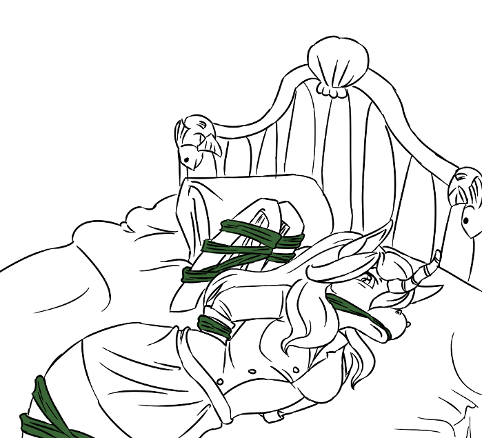 anthro arms_tied bdsm bed black_and_white bondage bound clothed clothing equine female gag gagged horn mammal monochrome neopets pillow solo uni_(neopets) unicorn unknown_artist