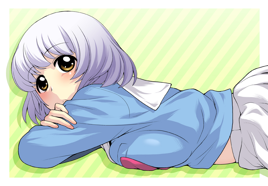 blush breasts brown_eyes frown green_background kouda_tomohiro large_breasts lying on_stomach school_uniform shirt short_hair silhouette silver_hair solo striped striped_background tonari_no_seki-kun yokoi_rumi