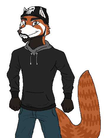 beanie black_hair black_hoodie clothing facial_hair hair hat jeans male mammal marvel matt_(two_best_friends_play) plain_background red_panda solo the_punisher two_best_friends_play