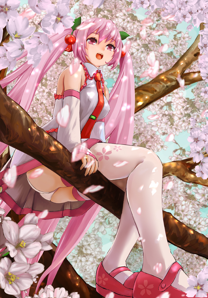 :d cherry cherry_blossoms flower food fruit hatsune_miku long_hair open_mouth pink_eyes pink_hair sakura_miku sitting smile solo spring_(season) thighhighs twintails vocaloid white_legwear yamasan_(hachiman)