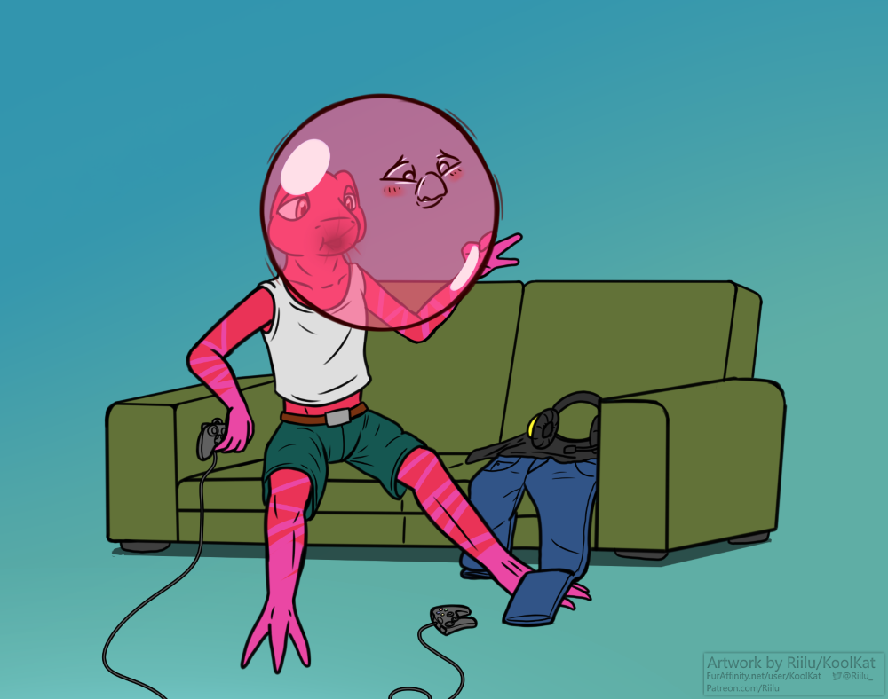 3_toes 4_fingers amphibian animate_inanimate anthro avian belt bird blue_background blue_jay blush bubble_gum clothed clothing controller corvid duo frog headphones inanimate_transformation inflation koolkat_(artist) male shirt simple_background sitting sofa tank_top text toes transformation watermark what