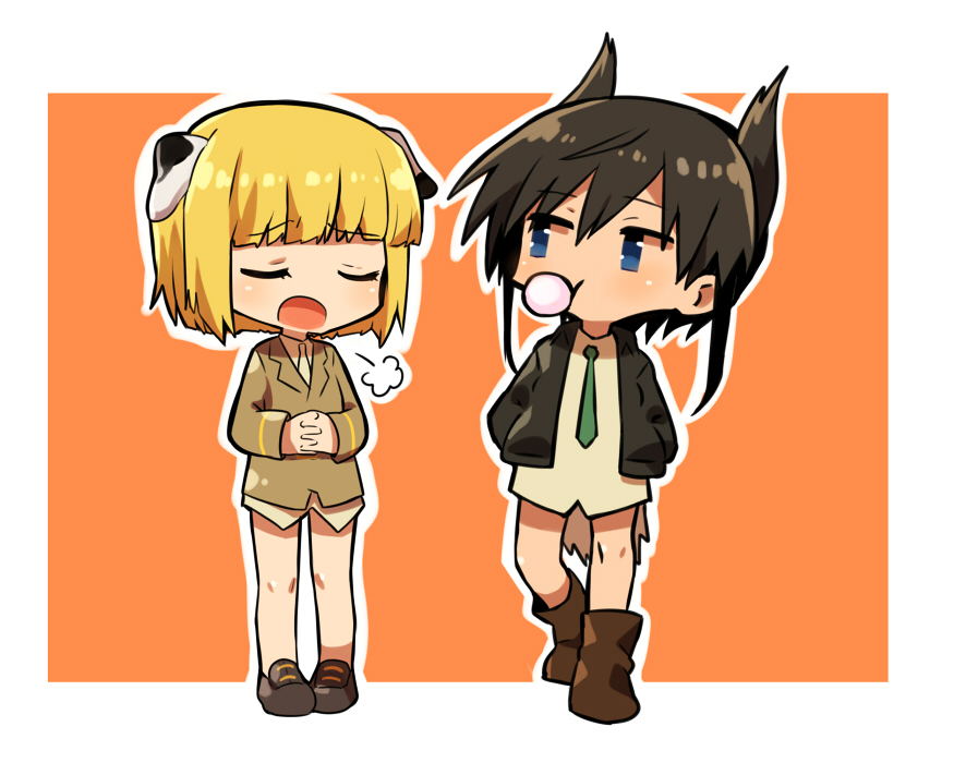 2girls :t animal_ears black_hair blonde_hair blue_eyes bubble_blowing chibi dog_ears dominica_s_gentile hands_in_pockets hands_together jane_t_godfrey multiple_girls necktie no_pants open_mouth world_witches_series