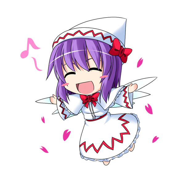 ^_^ blush_stickers capelet chibi closed_eyes cosplay dress hat ichimi lily_white lily_white_(cosplay) musical_note nagae_iku open_mouth outstretched_arms petals purple_hair short_hair smile solo touhou white_dress wings