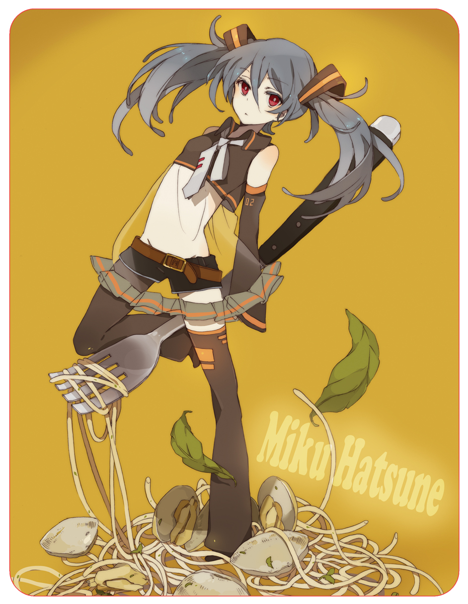 boots detached_sleeves food fork grey_hair hatsune_miku highres leaf legs long_hair lowe_(slow) lowleg midriff necktie pasta red_eyes shell shorts solo thigh_boots thighhighs twintails vocaloid