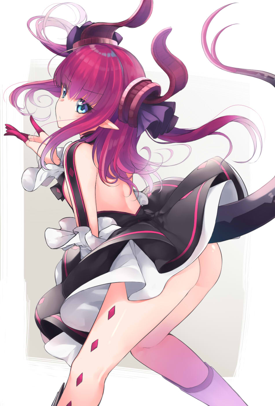 1girl ass back backless_dress backless_outfit bangs black_dress blue_eyes blush boots commentary_request curled_horns dragon_girl dragon_horns dragon_tail dress elizabeth_bathory_(fate) elizabeth_bathory_(fate)_(all) eyebrows_visible_through_hair fate/grand_order fate_(series) feet_out_of_frame grey_background hand_up highres horns knee_boots leaning_forward long_hair long_sleeves looking_away looking_to_the_side miya_ur no_panties parted_lips pink_hair pointy_ears shiny shiny_skin solo standing tail thighs two-tone_background upskirt v-shaped_eyebrows white_background white_footwear