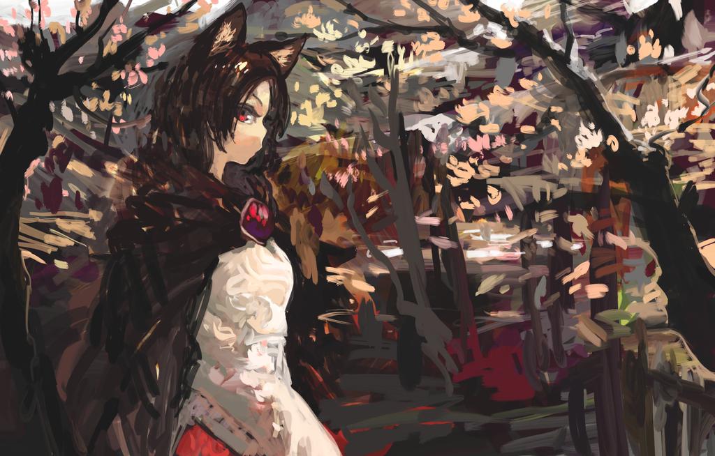 animal_ears brooch brown_hair cape downscaled dress imaizumi_kagerou jewelry landscape long_hair long_sleeves looking_at_viewer md5_mismatch nature onion_(onion_and_pi-natto) profile red_eyes resized solo touhou tree wolf_ears