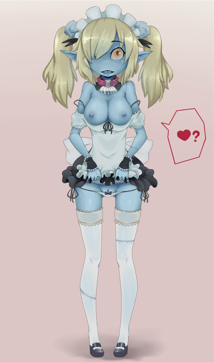 1girl apron bare_shoulders blonde_hair blue_skin breasts collar detached_collar disgaea gluteal_fold hair_over_one_eye heart lowleg lowleg_panties maid maid_(disgaea) maid_headdress maid_uniform makai_senki_disgaea_5 mary_janes nipple_piercing nipples nippon_ichi off_shoulder open_mouth panties piercing pointy_ears pussy saliva shoes side-tie_panties skirt skirt_lift spoken_heart spoken_question_mark tears thighhighs twintails uncensored underwear white_legwear wrist_cuffs yakou yellow_eyes zombie