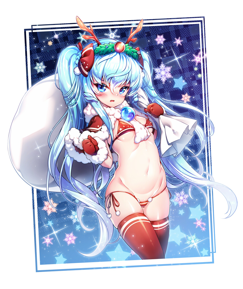 1girl antlers bangs bikini blue_background blue_eyes blue_hair blush bow braid breasts capelet carrying_over_shoulder covered_nipples cowboy_shot cropped_legs eyebrows_visible_through_hair fur-trimmed_capelet fur-trimmed_gloves fur_trim gloves gradient gradient_background groin hair_between_eyes hair_bow long_hair looking_at_viewer medium_breasts micro_bikini navel nose_blush pom_pom_(clothes) poseich red_bikini red_bow red_capelet red_gloves red_legwear reindeer_antlers sack side-tie_bikini skindentation snowflakes solo sparkle star stomach string_bikini swimsuit thighhighs twintails underboob unleashed v-shaped_eyebrows very_long_hair