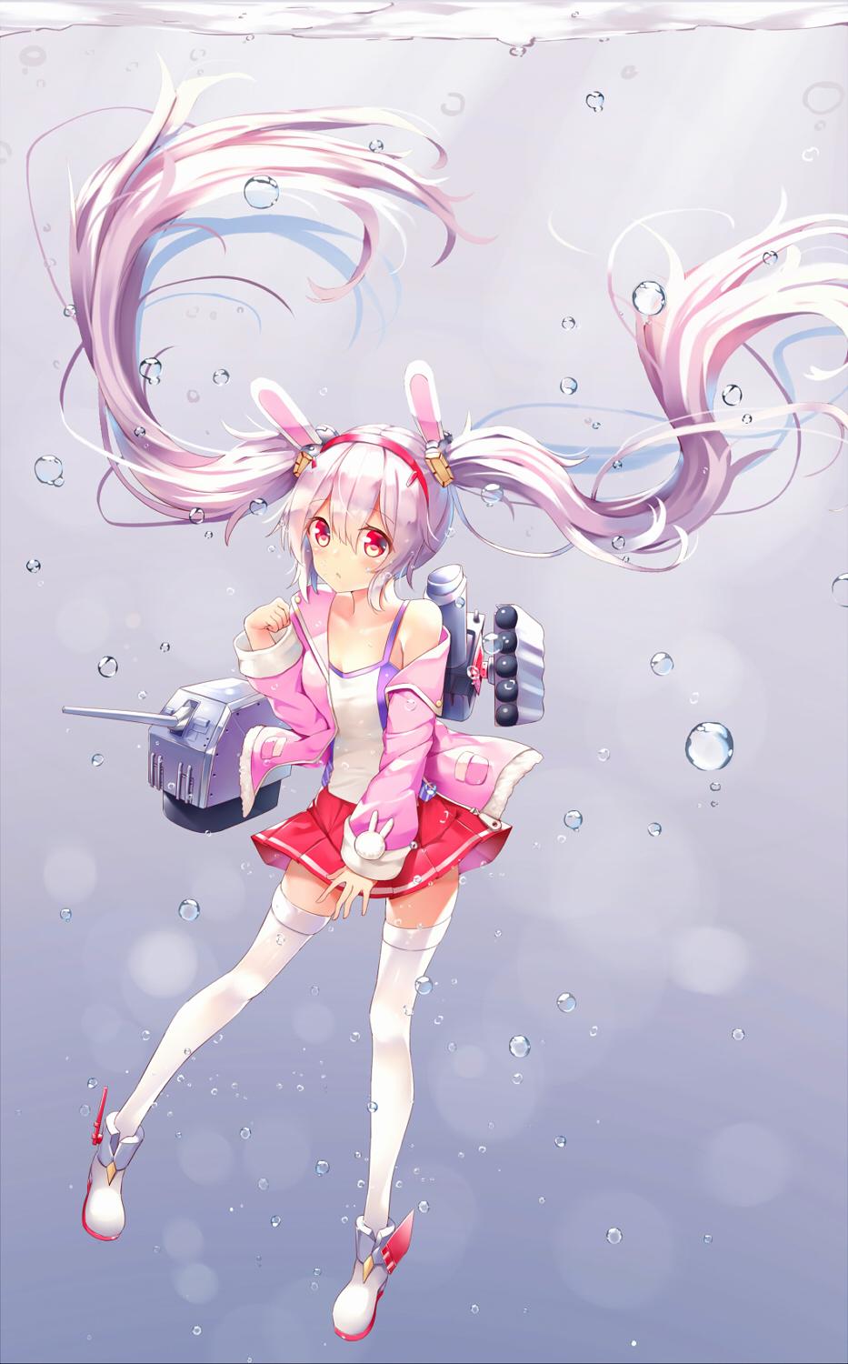 1girl air_bubble animal_ears azur_lane bangs blush bubble bunny_ears collarbone eyebrows_visible_through_hair fake_animal_ears flat_chest full_body fur-trimmed_jacket fur_trim hair_between_eyes hairband highres jacket laffey_(azur_lane) long_hair long_sleeves machinery miniskirt off_shoulder open_clothes open_jacket parted_lips pink_eyes pink_hairband pink_jacket pink_skirt pleated_skirt purple_hair single_bare_shoulder skirt solo submerged tareme thighhighs torpedo_tubes turret twintails underwater very_long_hair white_footwear white_legwear zettai_ryouiki zhao_(pixiv12947327)