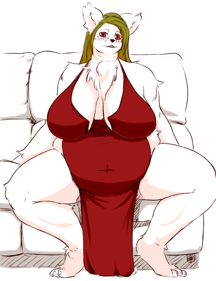 anthro big_breasts breasts canine chubby cleavage clothed clothing dress fdokkaku female fur looking_at_viewer mammal milf mother parent red_eyes sitting sofa solo white_fur
