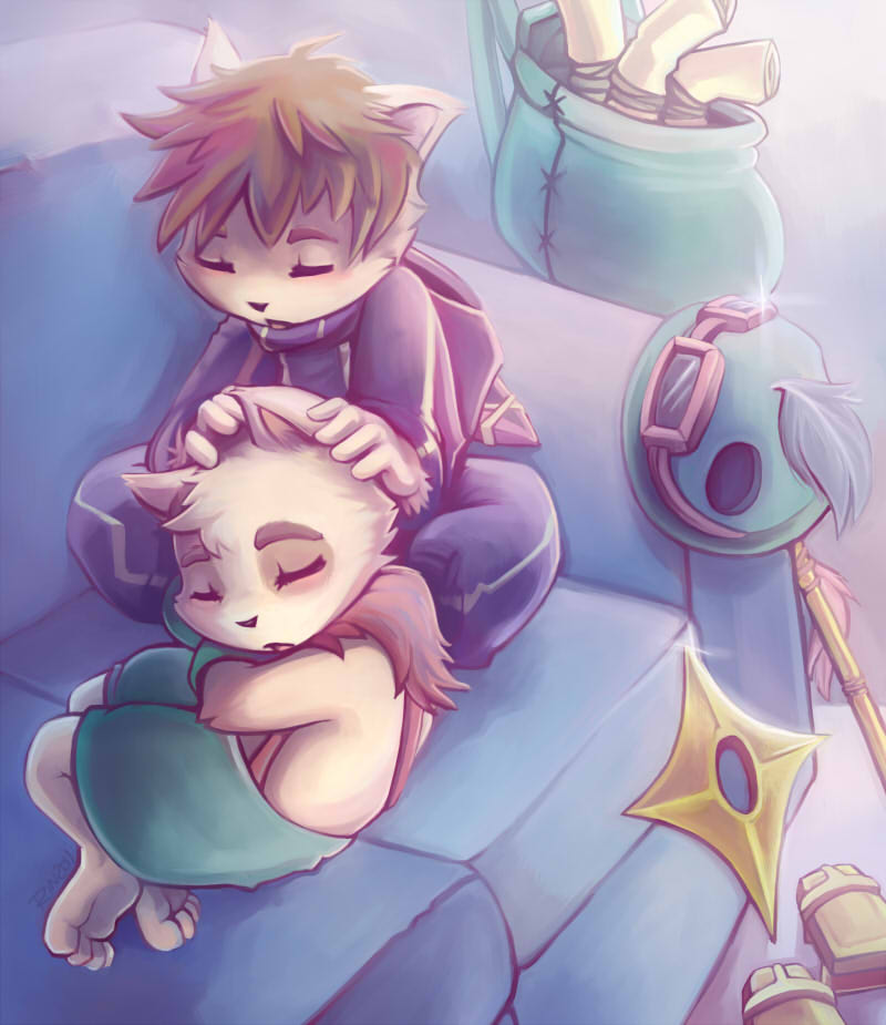 blush cute kennen league_of_legends male rintheyordle shuriken sleeping slippers sofa teemo video_games weapon yordle