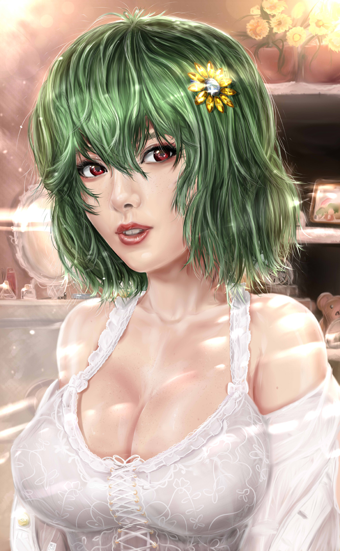 backlighting book_stack bottle breasts chest_of_drawers cleavage clock collarbone corset eyebrows eyelashes eyeshadow floral_print flower flower_pot freckles green_hair hair_flower hair_ornament indoors kazami_yuuka large_breasts light lips lipstick looking_to_the_side lotion_bottle makeup mightyhonk mirror nose off_shoulder perfume_bottle photo_(object) plant potted_plant realistic red_eyes red_lipstick room shelf shiny shiny_hair shiny_skin short_hair solo stuffed_animal stuffed_toy sunflower_hair_ornament teddy_bear teeth touhou undressing wavy_hair wriggle_nightbug