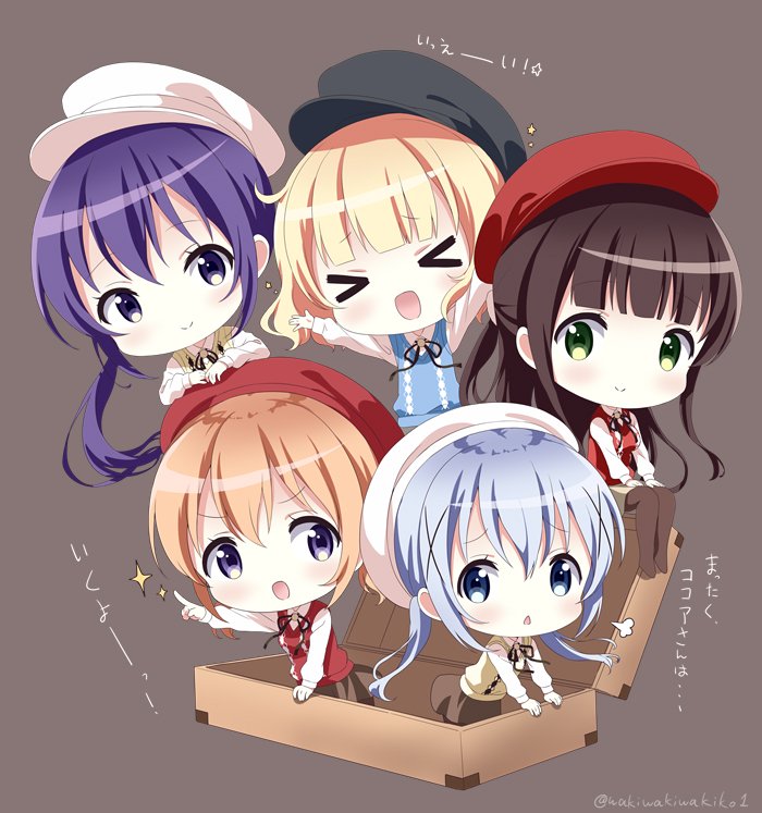 &gt;_&lt; 5girls :d alternate_costume arm_support bangs black_hat black_ribbon blonde_hair blue_eyes blue_hair brown_background brown_hair brown_legwear brown_skirt cabbie_hat chestnut_mouth chibi closed_mouth collared_shirt commentary_request eyebrows_visible_through_hair gochuumon_wa_usagi_desu_ka? green_eyes hair_between_eyes hat hoto_cocoa kafuu_chino kirima_sharo light_brown_hair long_hair low_ponytail matching_outfit minigirl multiple_girls neck_ribbon neki_(wakiko) no_shoes open_mouth outstretched_arms pantyhose pointing purple_eyes purple_hair red_hat ribbon shirt side_ponytail simple_background sitting skirt smile sparkle standing star suitcase sweater_vest tedeza_rize translation_request twitter_username ujimatsu_chiya very_long_hair white_hat white_shirt xd