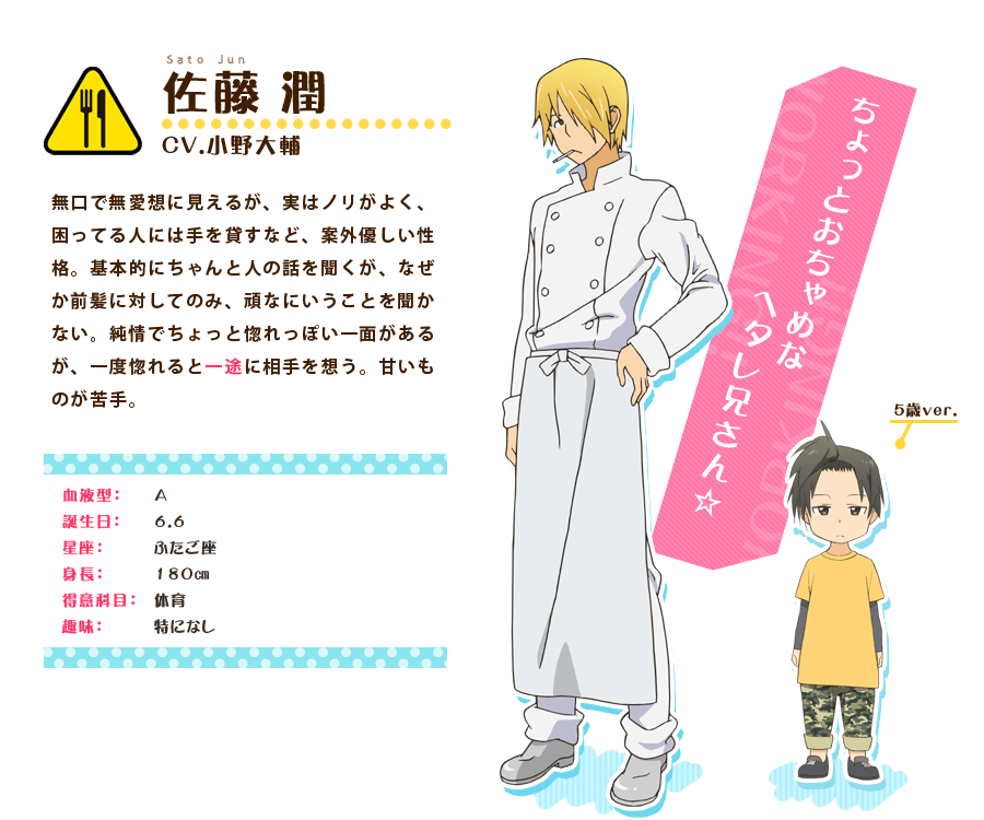 black_hair blonde_hair character_profile chef cigarette fork hair_over_one_eye knife multiple_views official_art pants satou_jun shoes translation_request working!! younger