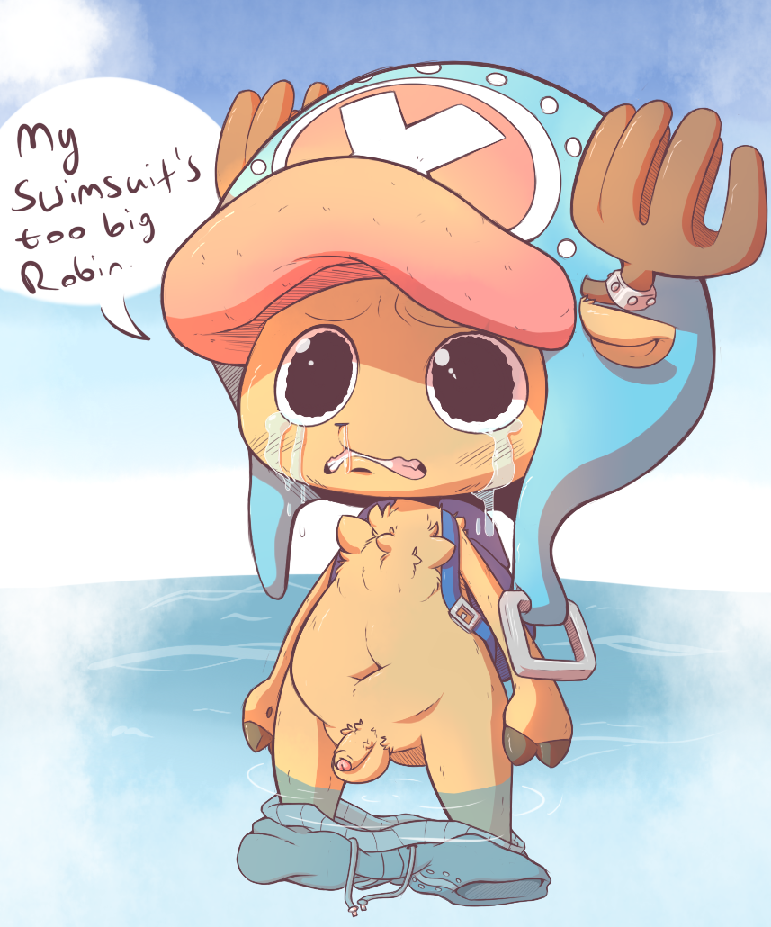 ashamed backpack balls big_head clothing crying dialogue digital_media_(artwork) english_text flaccid front_view hat lemon_smoothie navel one_piece outside pants pants_down partially_submerged penis standing swimming_trunks swimsuit tears text tony_tony_chopper uncut