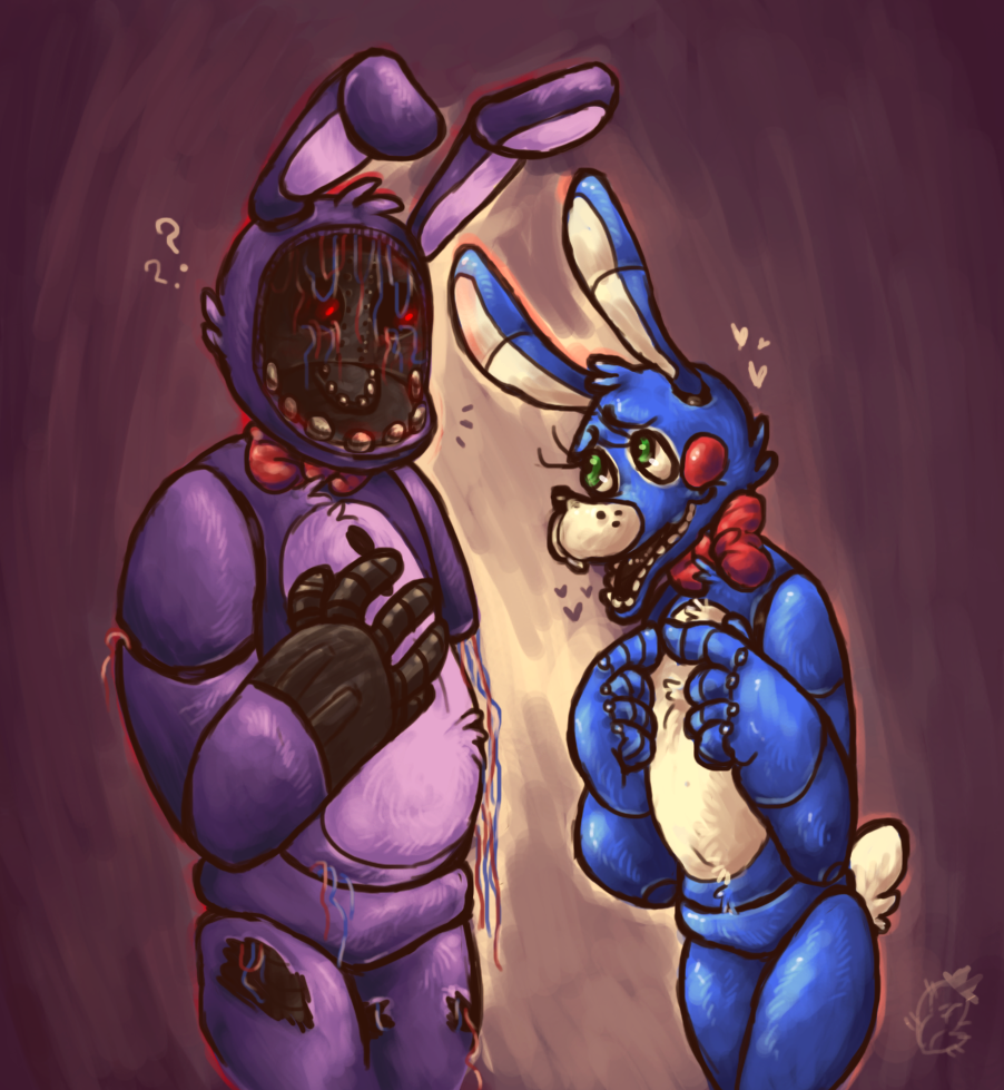 &lt;3 animatronic anthro big_hands bonnie_(fnaf) bow five_nights_at_freddy's five_nights_at_freddy's_2 fur lagomorph long_ears looking_down looking_up machine male male/male mammal marikuishiyutaru mechanical nude open_mouth rabbit robot size_difference smile standing teeth thick_thighs toy_bonnie_(fnaf) video_games wire
