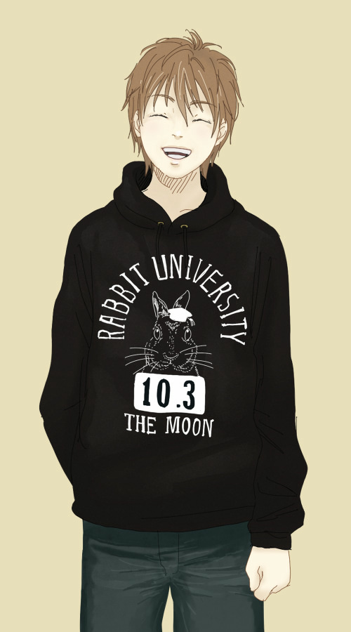 brown_hair bunny closed_eyes college_shirt english facing_viewer hand_in_pocket hood hood_down hoodie laughing male_focus open_mouth original pants print_shirt re:i shirt simple_background solo tan_background whiskers