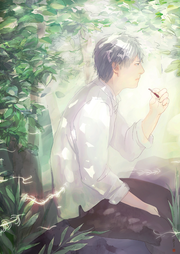 cigarette creature dappled_sunlight from_side ginko glowing green_eyes leaf male_focus mushishi pants plant re:i shade shirt signature silver_hair sitting sleeves_rolled_up smoke smoking solo sunlight tree white_shirt
