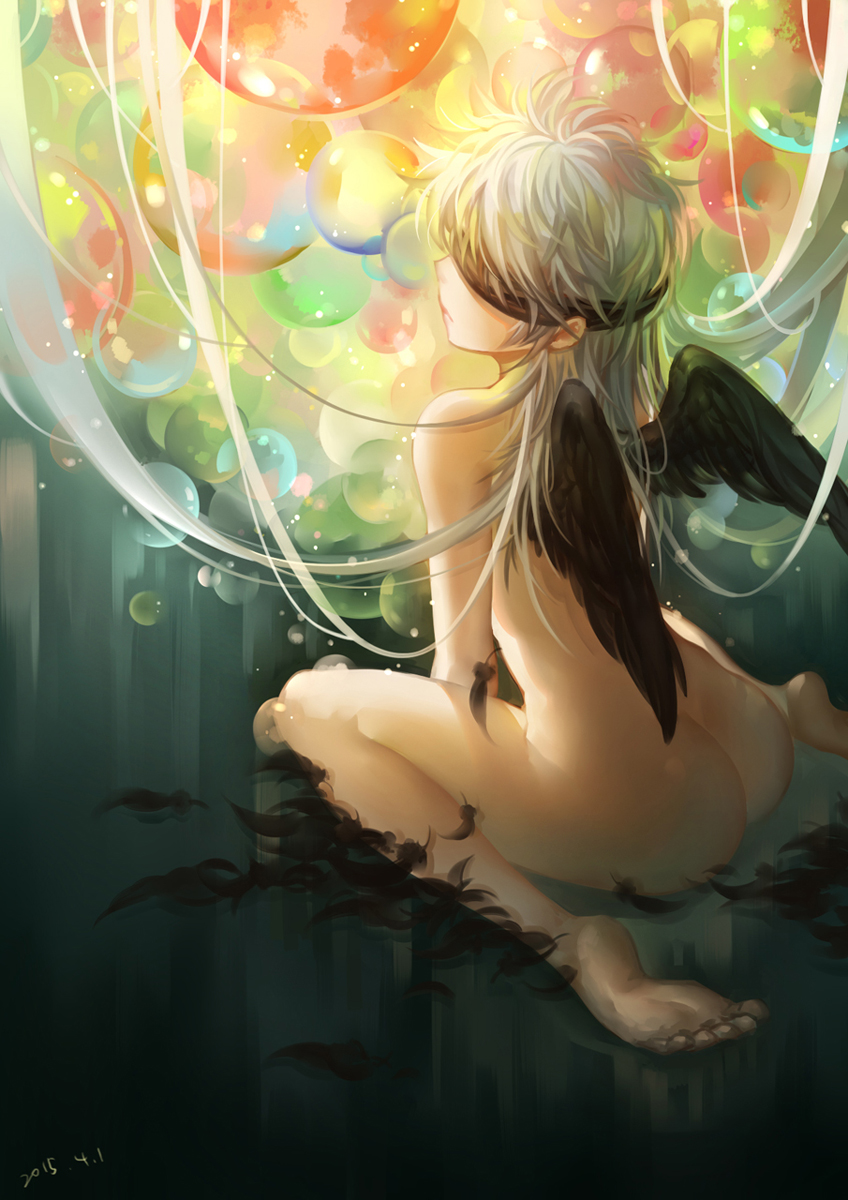 2015 angel ass balloon barefoot black_wings blindfold dated feathered_wings feathers from_behind grass highres huazha01 long_hair nude original short_hair silver_hair sitting sketch solo wariza wings