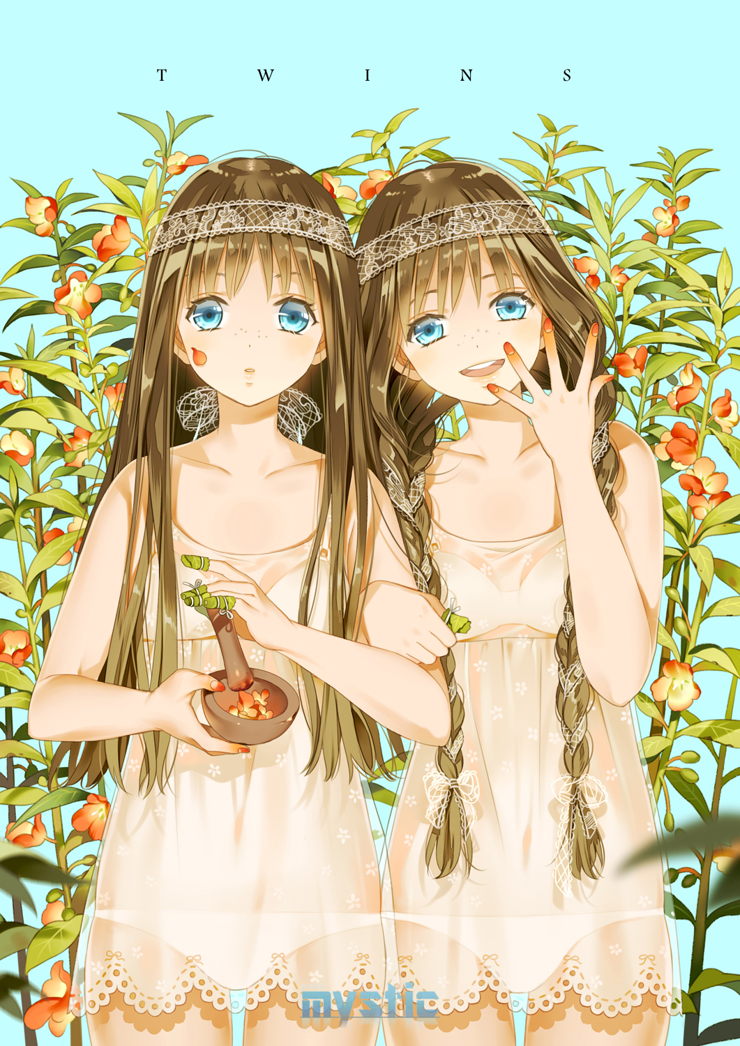 aqua_hair arm_hug bare_arms bare_shoulders bikini blue_eyes braid breasts brown_hair collarbone cowboy_shot dress english finger_wrap floral_print flower freckles hair_over_shoulder hairband highres holding hoshii_hisa lace lace_ribbon long_hair looking_at_viewer mortar multiple_girls nail_polish open_hand original pestle petals red_nails ribbon_braid see-through short_dress siblings side-by-side sisters sleeveless sleeveless_dress smile stain straight_hair swimsuit twin_braids twins twintails white_bikini