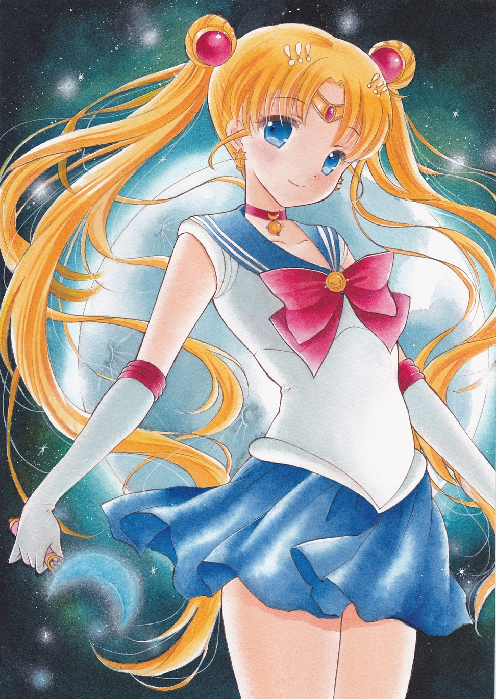 1girl acrylic_paint_(medium) bishoujo_senshi_sailor_moon blonde_hair blue_eyes blue_sailor_collar blue_skirt bow bowtie choker collarbone cowboy_shot double_bun earrings elbow_gloves eyebrows_visible_through_hair floating_hair gloves highres holding jewelry long_hair looking_at_viewer miniskirt pleated_skirt pom77 red_bow red_neckwear sailor_collar sailor_moon sailor_senshi_uniform shirt skirt sleeveless sleeveless_shirt smile solo standing star star_earrings traditional_media twintails very_long_hair white_gloves white_shirt
