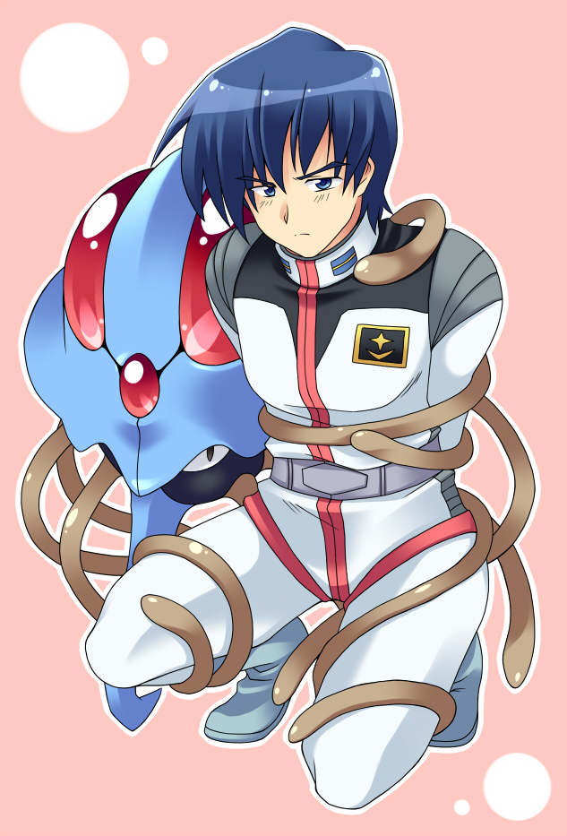 1boy blue_eyes blue_hair gundam gundam_side_story:_the_blue_destiny pilot_suit pokemon pure_(artist) tentacle tentacruel yu_kajima