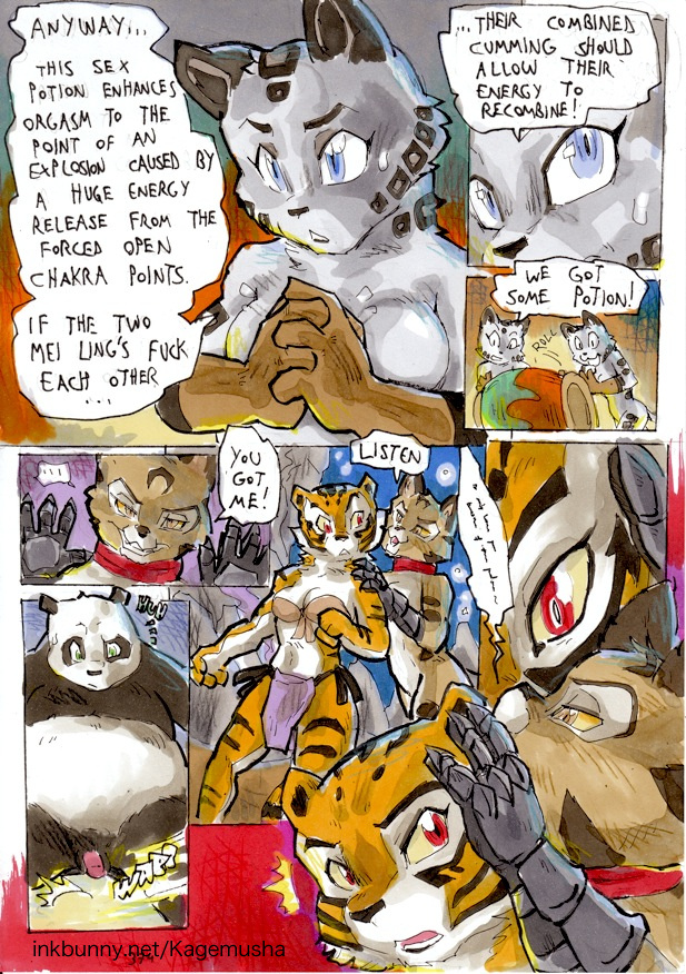 anthro balls bear better_late_than_never big_breasts breasts comic daigaijin english_text feline female flaccid kung_fu_panda male mammal master_tigress mei_ling panda penis po text tiger