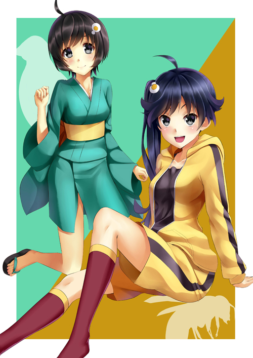 2girls :d ahoge araragi_karen araragi_tsukihi arm_support black_eyes black_hair black_shirt blue_hair blush green_kimono hair_ornament hood hood_down hooded_jacket huyumitsu jacket japanese_clothes kimono kneehighs kneeling leaning_back long_hair long_sleeves looking_at_viewer monogatari_(series) multiple_girls obi open_clothes open_jacket open_mouth red_legwear sash shiny shiny_hair shirt short_hair short_kimono shorts siblings side_ponytail sisters sitting smile yellow_jacket yellow_shorts