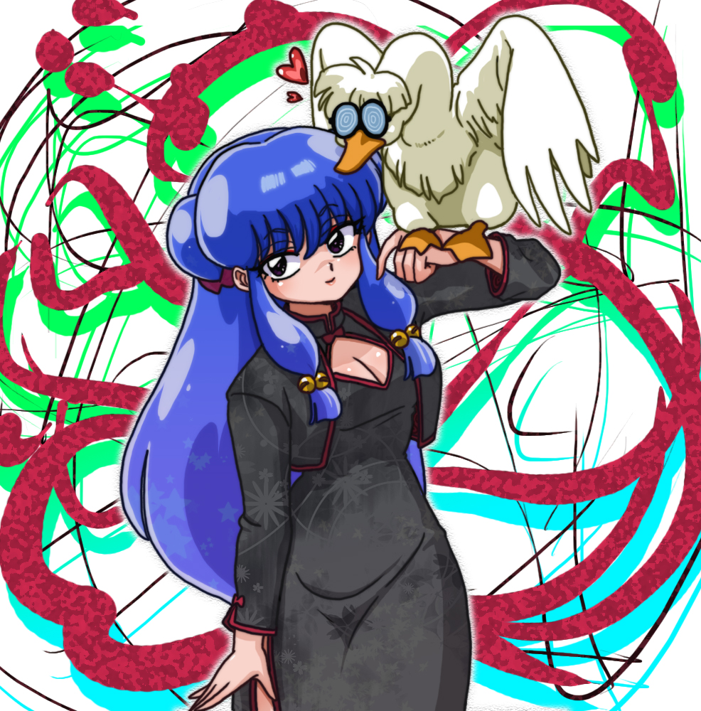 animal bird bird_on_hand black_dress breasts china_dress chinese_clothes cleavage cleavage_cutout dress duck floral_print glasses hair_ornament long_hair long_sleeves medium_breasts mousse mousse_(duck) official_style purple_eyes purple_hair ranma_1/2 shampoo_(ranma_1/2) smile wanta_(futoshi)