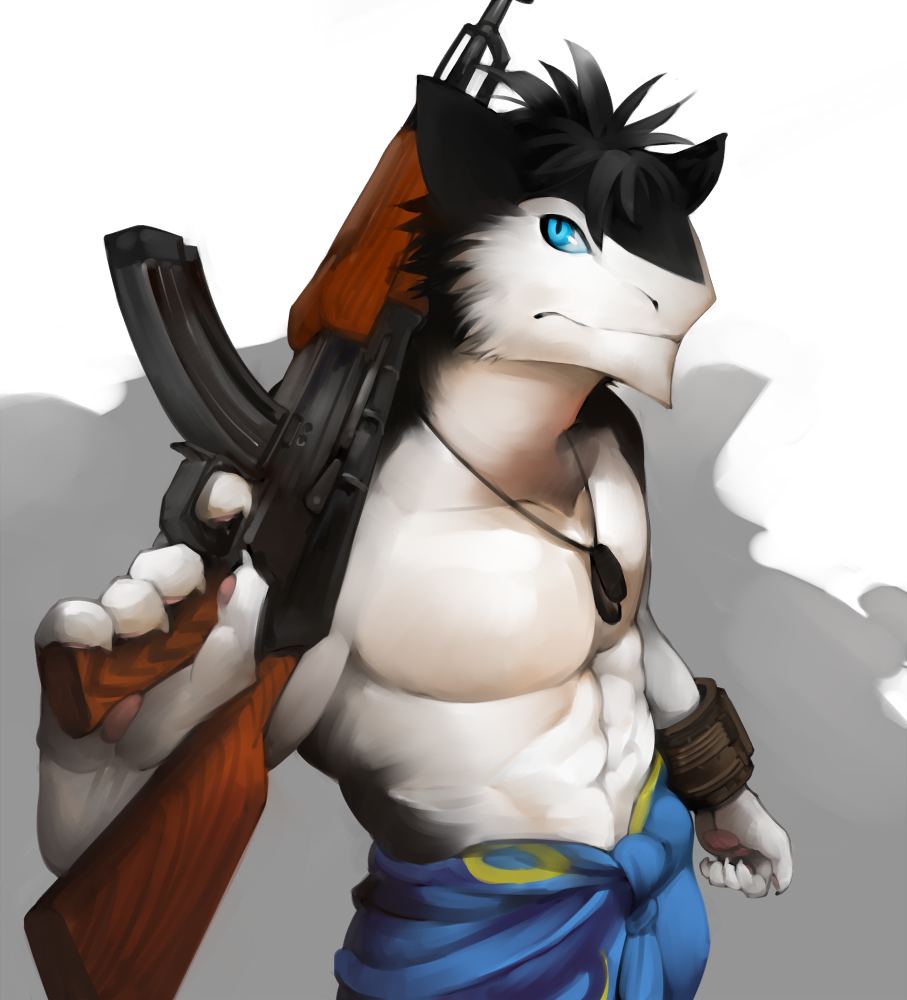 abs biceps big_muscles black_fur blue_eyes claws clothed clothing discordnight dog_tags fallout fur grey_fur grey_hair gun hair half-dressed male muscles pipboy ranged_weapon vu06 weapon