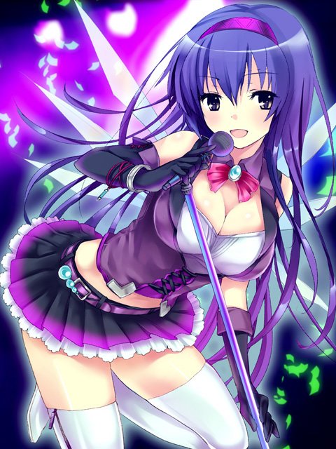 1girl arm_gloves breasts cleavage female large_breasts long_hair looking_at_viewer majika_majika open_mouth purple_hair refeia skirt solo thighhighs tsukushi_mizuho