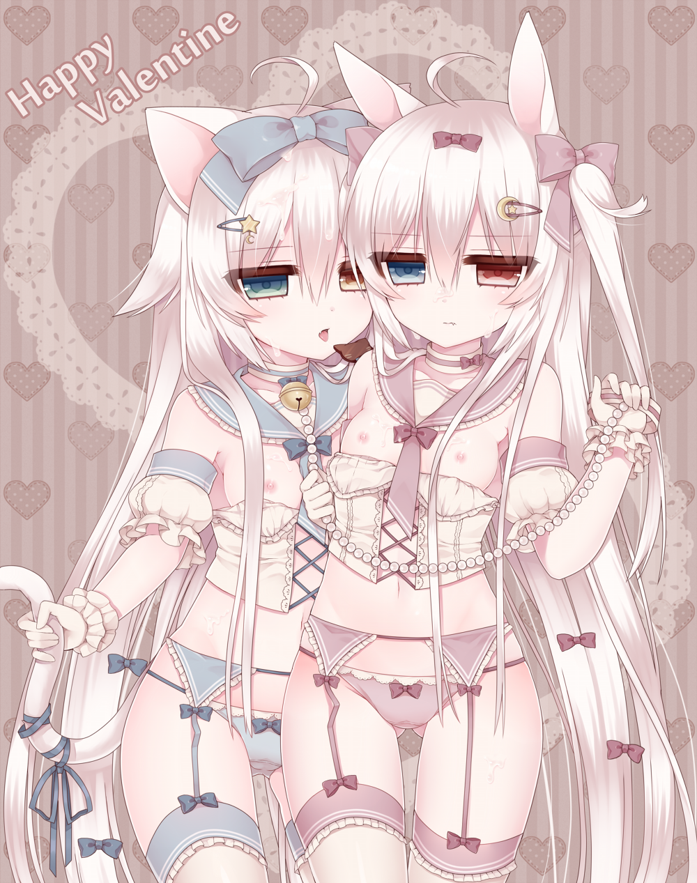 ahoge alice_claudia animal_ears bad_id bad_pixiv_id bell blue_eyes bow breasts brown_eyes bunny_ears bustier cat_ears cat_tail choker garter_belt gloves hair_bow hair_ornament hairpin heterochromia highres jingle_bell long_hair multiple_girls navel nipples original revision sailor_collar small_breasts standing tail tsukikage_nemu twintails very_long_hair white_hair