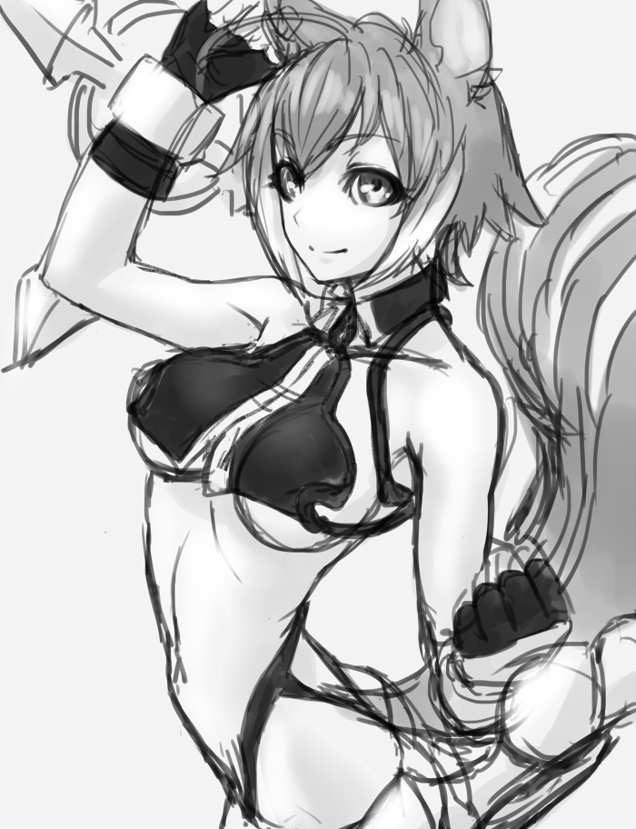 1girl ahoge animal_ears arm_up armpits artist_request ass blazblue breasts curvy female gishu hetero looking_at_viewer makoto_nanaya midriff miniskirt monochrome navel panties parted_lips rocks short_hair skirt smile solo squirrel_ears squirrel_tail tail thick_thighs thighhighs tonfa two-tone_hair underboob underwear wide_hips