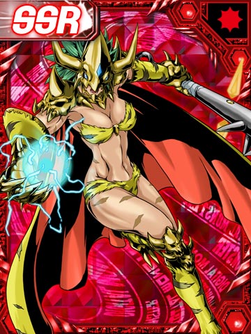 1girl abs bikini blue_eyes boots breasts cape card_game claws cleavage collar curvy digimon digimon_collectors fang female gauntlets gem gloves green_hair helmet hips horn kinkakumon knee_pads large_breasts legs lowres monster_girl muscle open_mouth scar short_hair shoulder_pads skull striped_bikini swimsuit thighs tiger_print toned weapon