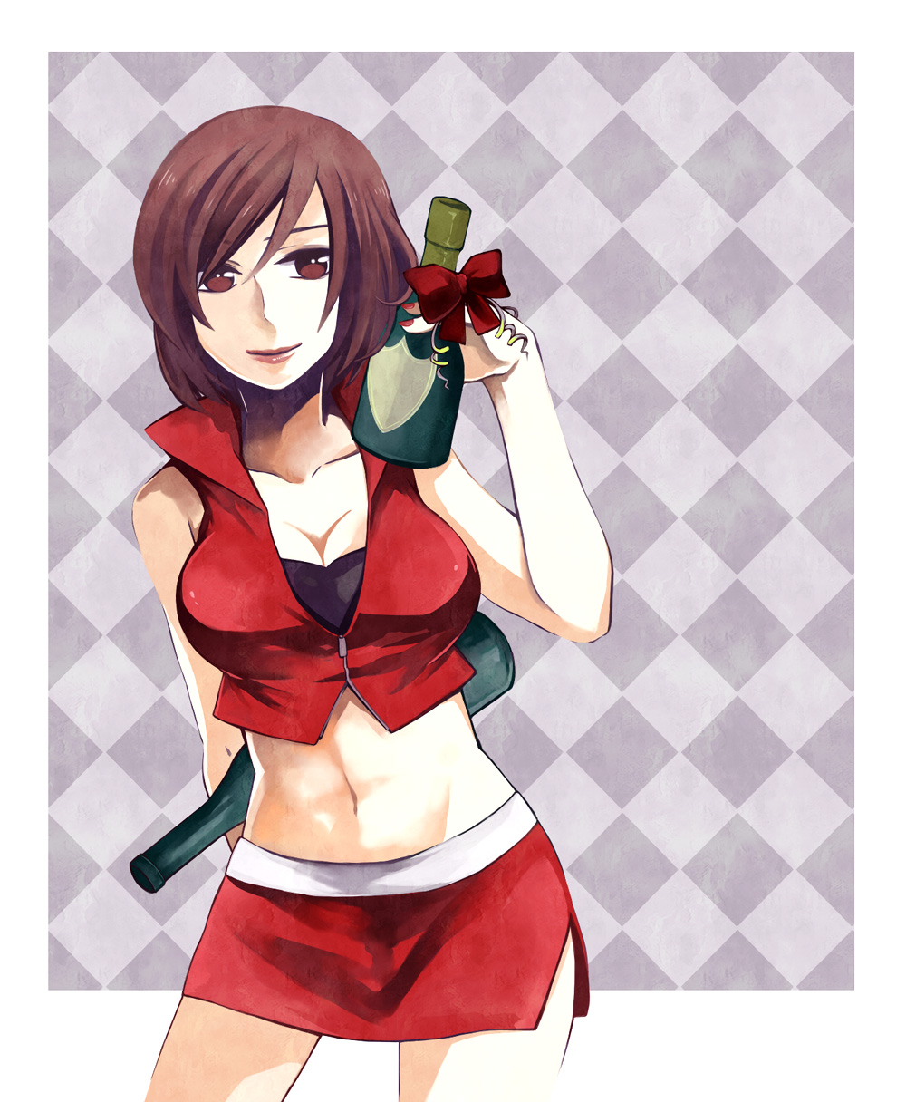 alcohol bottle bow breasts brown_eyes brown_hair cleavage highres large_breasts meiko midriff navel nn_nn skirt solo vocaloid wine