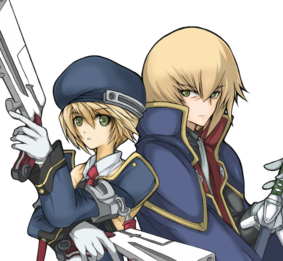 1girl beret blazblue blonde_hair bolverk detached_sleeves dual_wielding gloves green_eyes gun handgun hat holding jin_kisaragi kanten_(kanten328) necktie noel_vermillion short_hair sword uniform weapon white_gloves