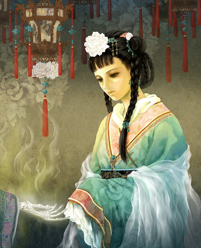 beckoning black_eyes black_hair braid bug butterfly chinese_clothes closed_mouth commentary_request earrings eyelashes floral_background floral_print flower frilled_sleeves frills gem hair_bun hair_flower hair_ornament hanfu insect jewelry lamp lantern long_hair long_sleeves looking_at_another looking_down original peony_(flower) see-through shawl skeletal_arm skeleton sleeves_past_wrists solo_focus tassel twin_braids twintails upper_body veil white_flower wide_sleeves yellow_eyes zakuron