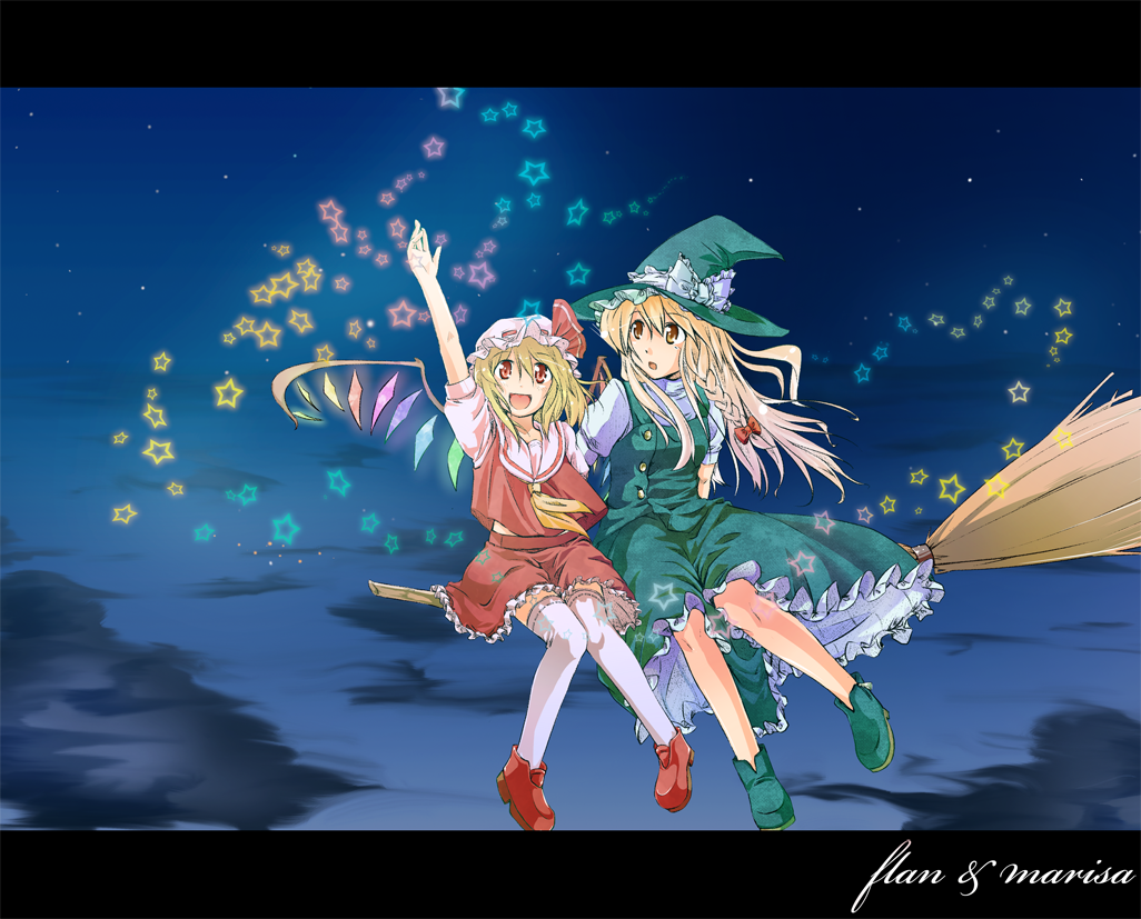 :d aioi_aoi alternate_color arms_up blonde_hair braid broom broom_riding character_name flandre_scarlet hat kirisame_marisa long_hair multiple_girls multiple_riders one_side_up open_mouth ponytail red_eyes short_hair sidesaddle single_braid smile star thighhighs touhou wings witch_hat yellow_eyes